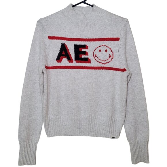 American Eagle Outfitters Sweater NWOT Smiley Graphic Mock Neck Light Gray Sz M - Picture 1 of 11
